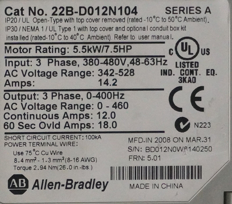 Allen-Bradley 22B-D012N104 7.5 HP Powerflex40 Ser. A FRN:5.01 Tested Good