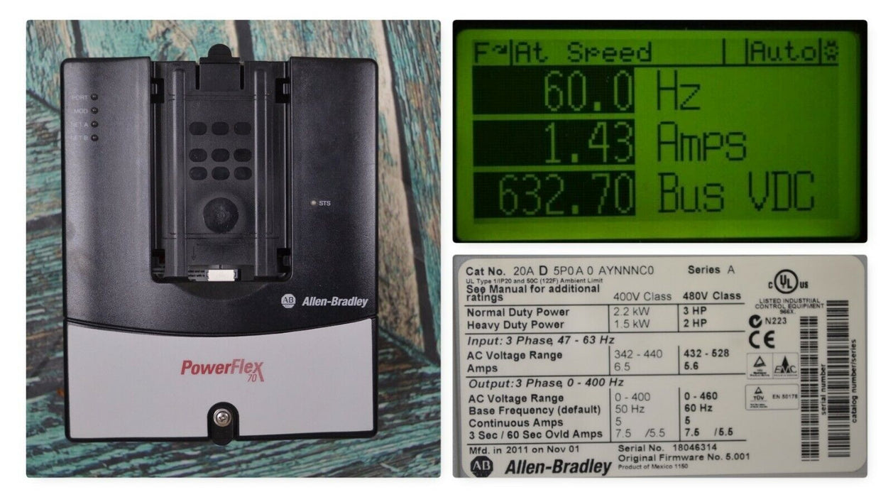 Allen-Bradley PowerFlex 70 3 HP 20AD5P0A0AYNNNC0 480VAC - Tested Good Low Hours