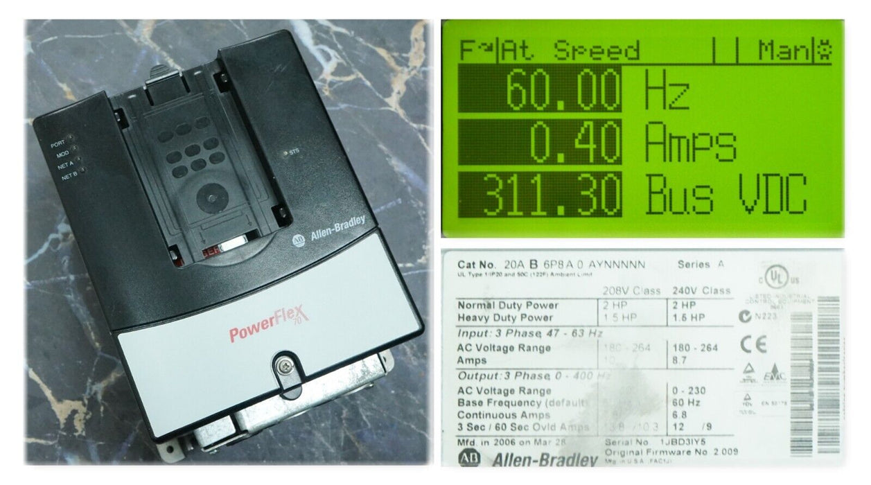 Allen-Bradley PowerFlex 70 2HP 20AB6P8A0AYNNNNN FRN:2.009