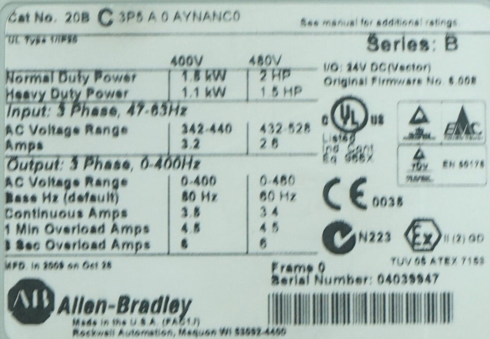 Allen Bradley PowerFlex 700 3HP 20BD5P0A0AYNANC0 480VAC FRN:6.008