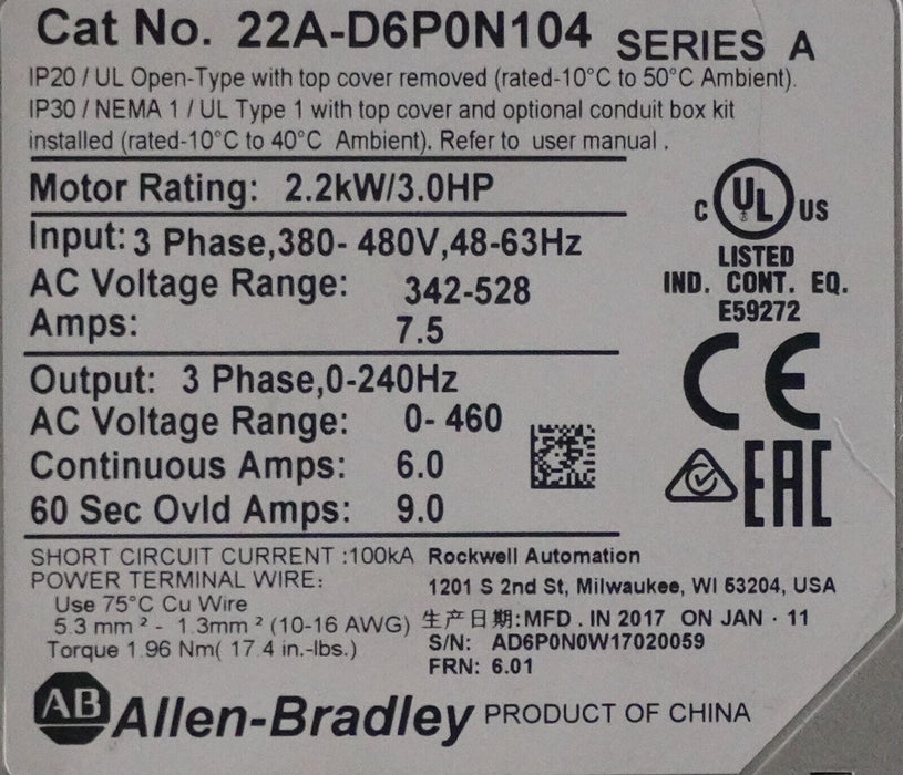 Zero Run Hours Allen-Bradley PowerFlex 4 22A-D6P0N104 3HP FRN:6.01 Series A