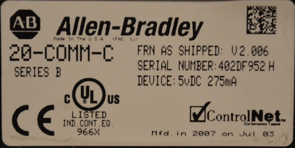 Allen Bradley 20-COMM-C ControlNet Series B FRN:2.006 QTY Tested Good