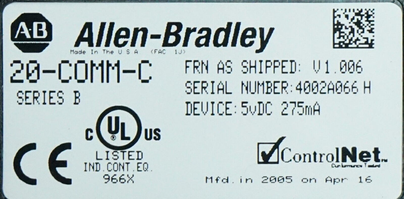 Allen Bradley 20-COMM-C ControlNet Adapter Series B Firmware Ver. 1.006