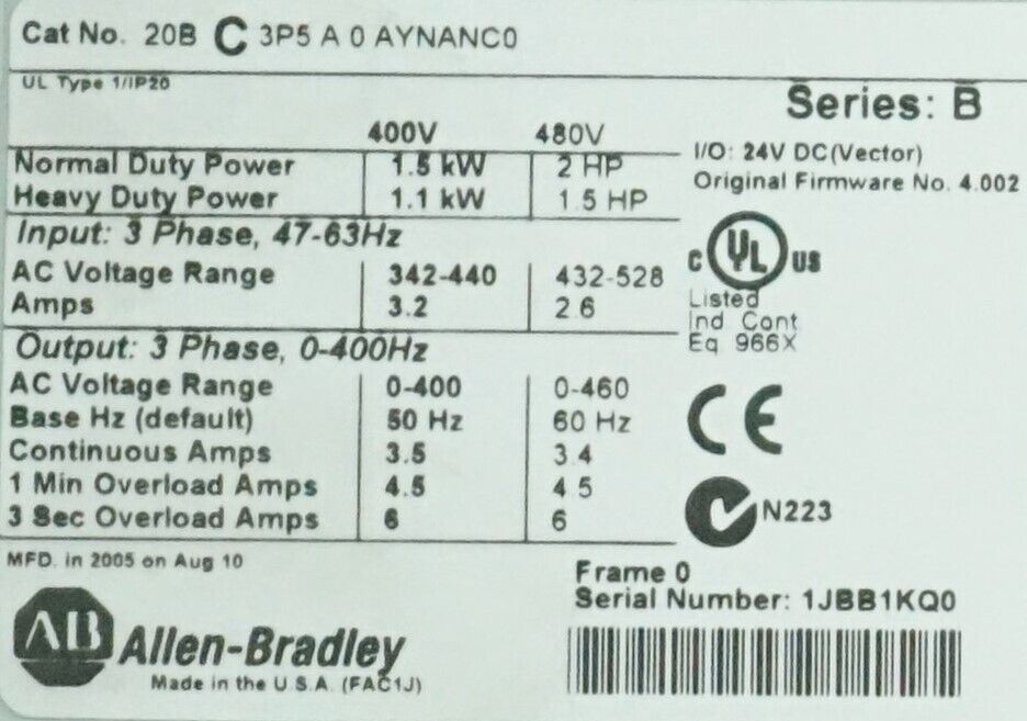 Low Hours Allen-Bradley PowerFlex 700 2HP 20BC3P5A0AYNANC0 400 VAC FRN:4.002