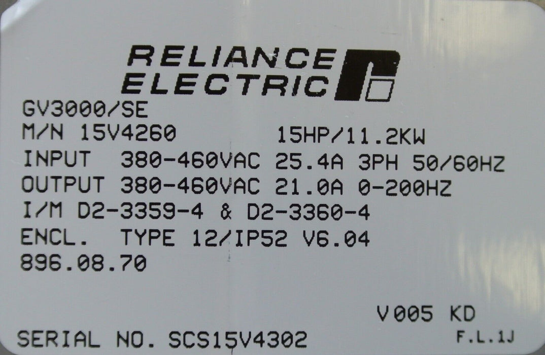 Reliance Electric GV 3000 VTAC7 HVAC Drive 15V4260 15 HP Frm 6.04 - Tested Good