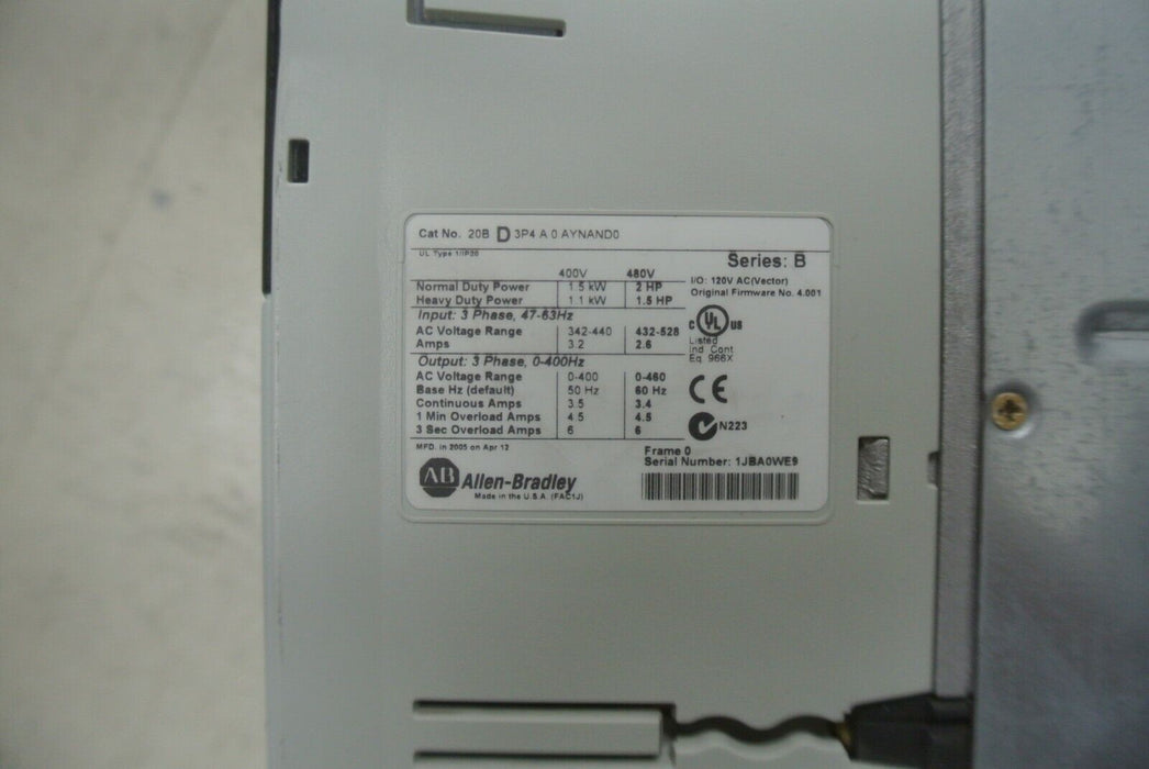 Allen-Bradley 20BD3P4A0AYNAND0 PowerFlex 700 2 HP 120 VAC I/O FRN 4.001