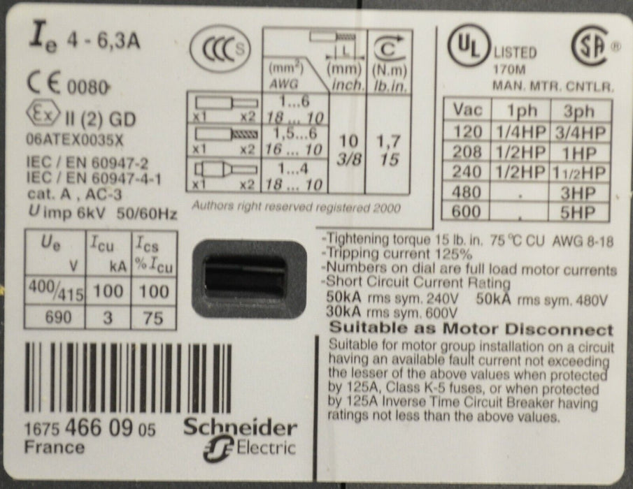 Telemecanique Motor Circuit Protector GV2ME10 4-6.3 Amp Good Tested