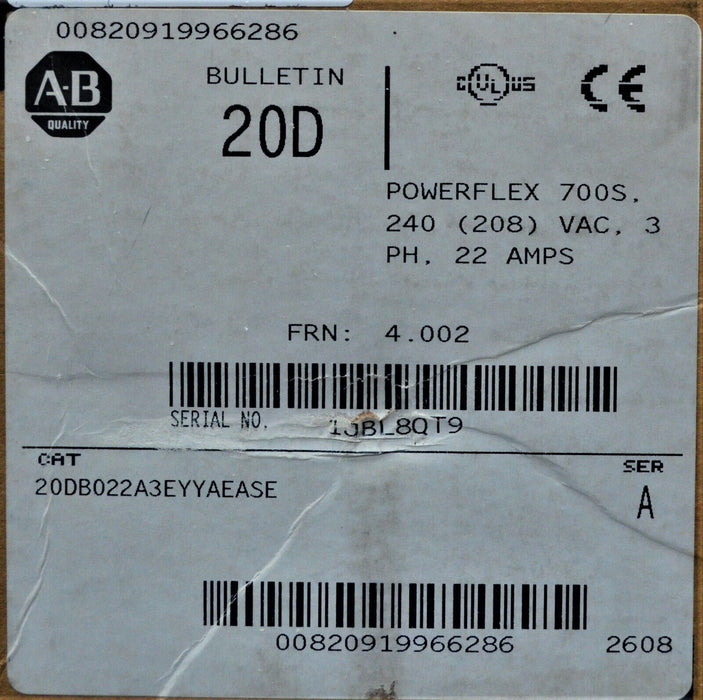 New Allen-Bradley 20DB022A3EYYAEASE  Powerflex 700S Series A FRN: 4.002