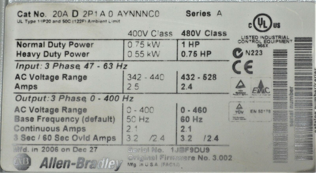 Allen-Bradley PowerFlex 70 1 HP 20AD2P1A0AYNNNC0 480 VAC FRN 3.003 Tested Good