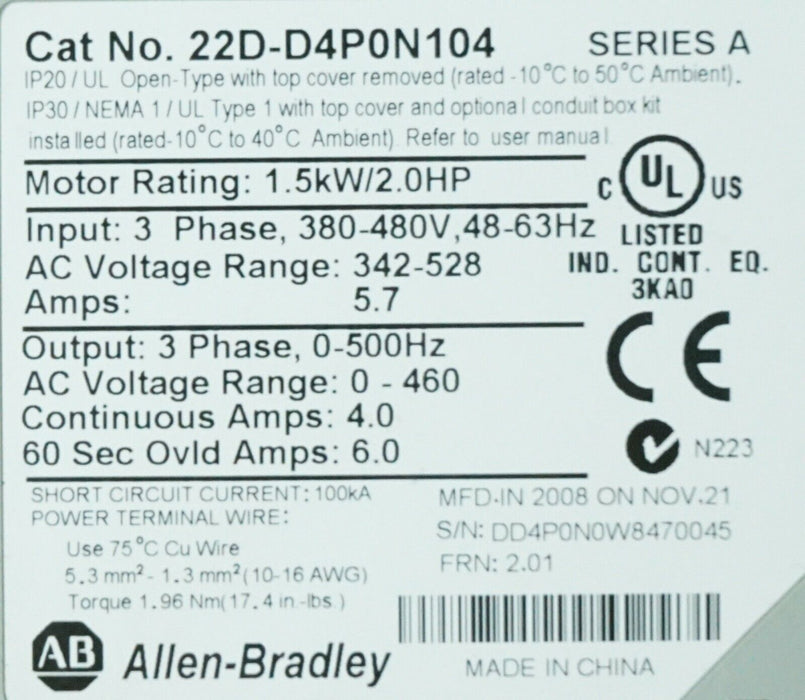 Zero Hours 22D-D4P0N104 Allen Bradley Power Flex 40P Drive 2 HP Ser. A FRN:2.01