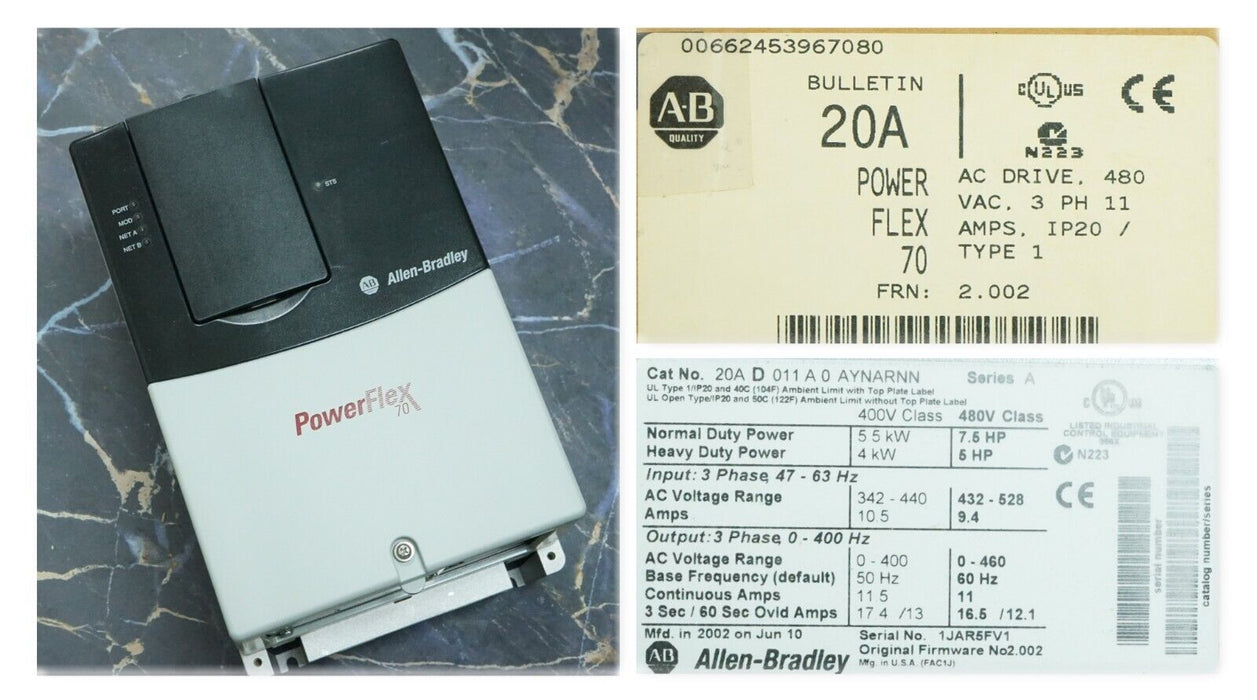 New Allen-Bradley PowerFlex 70 7.5 HP 20AD011A0AYNARNN 480 VAC FRN:2.002