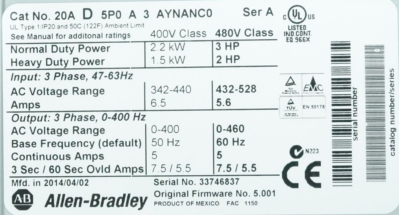 Low Hour Allen Bradley PowerFlex 70 3HP 20AD5P0A3AYNANC0 480VAC FRN:5.001 Tested