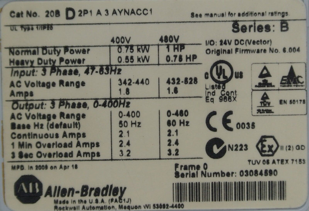 Allen-Bradley PowerFlex 700  1 HP 20BD2P1A3AYNANCC1 CORE ONLY Clean Tested Good