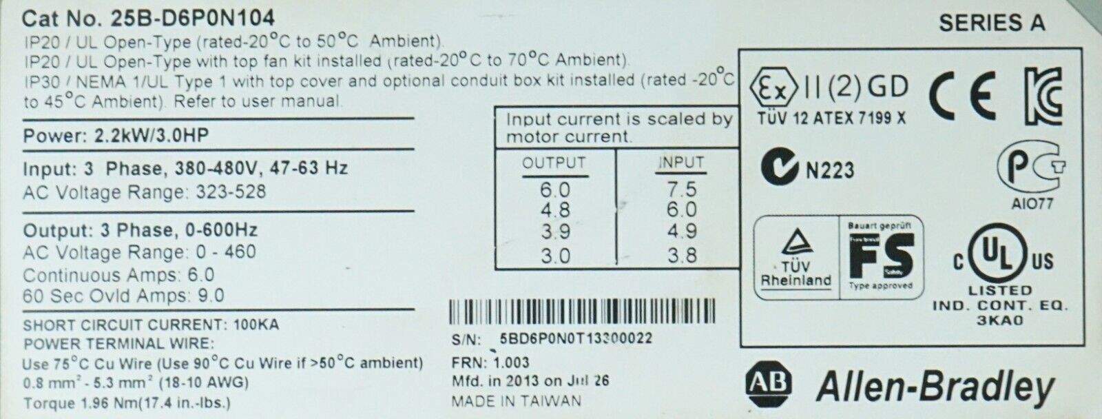 Allen-Bradley 25B-D6P0N104 3HP Powerflex 525 Series A FRN:1.003 Tested Good