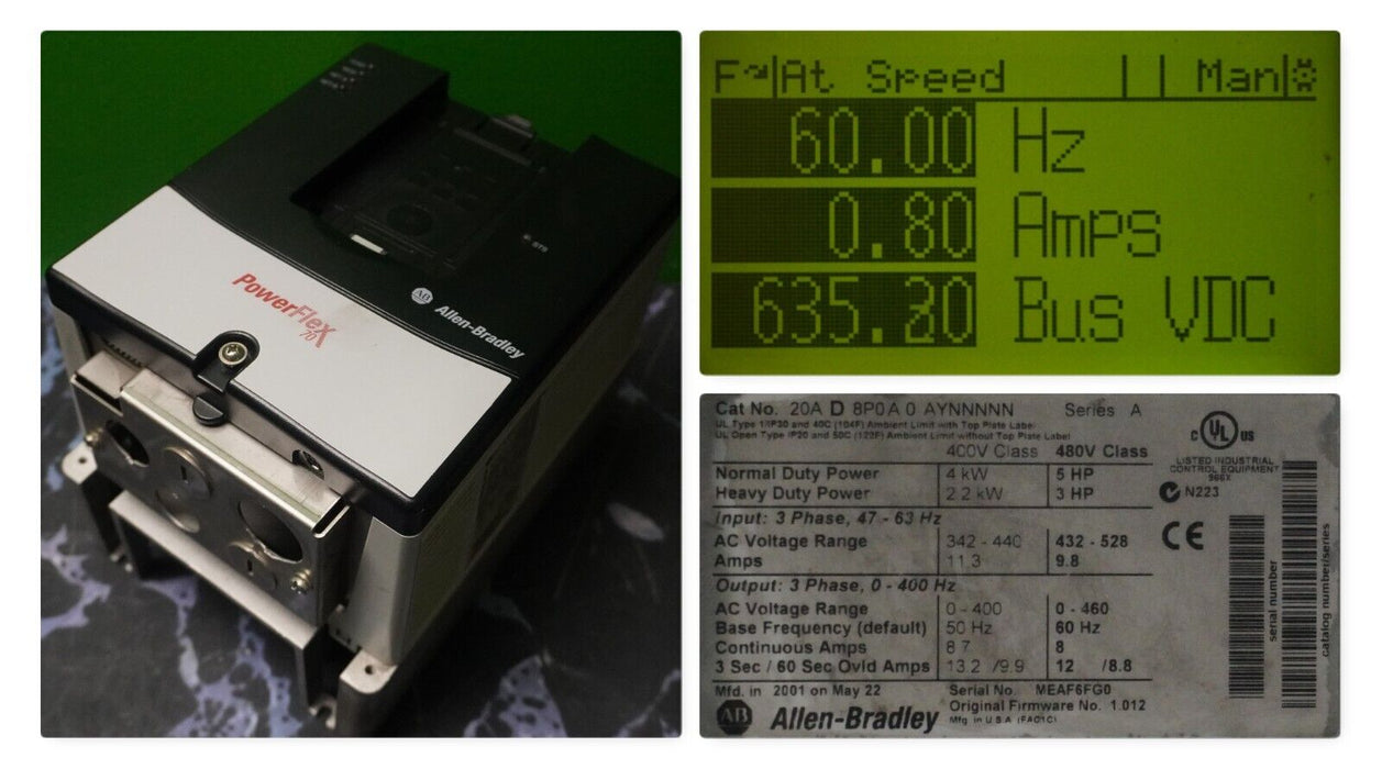 Low Hours Allen-Bradley Powerflex 70 5 HP 20AD8P0A0AYNNNNN Series A FRN:1.012