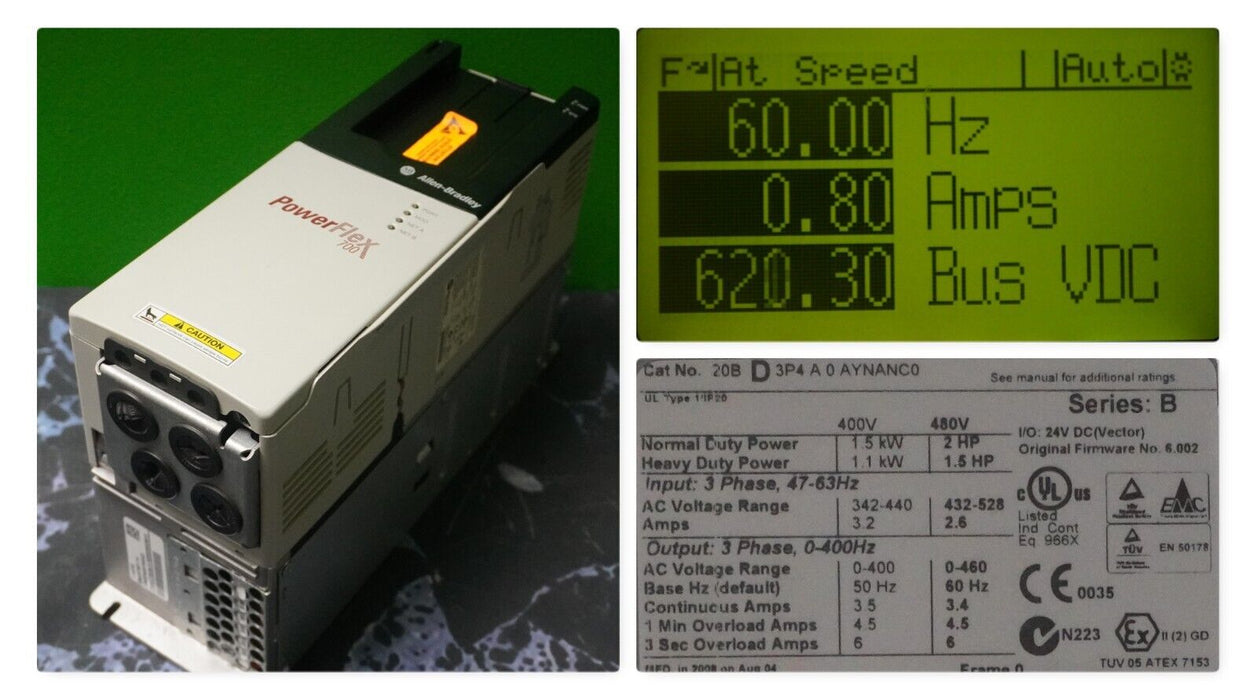 Low Hrs Allen-Bradley PowerFlex 700 2HP 20BD3P4A0AYNANC0 480VAC FRN:6.002 Tested