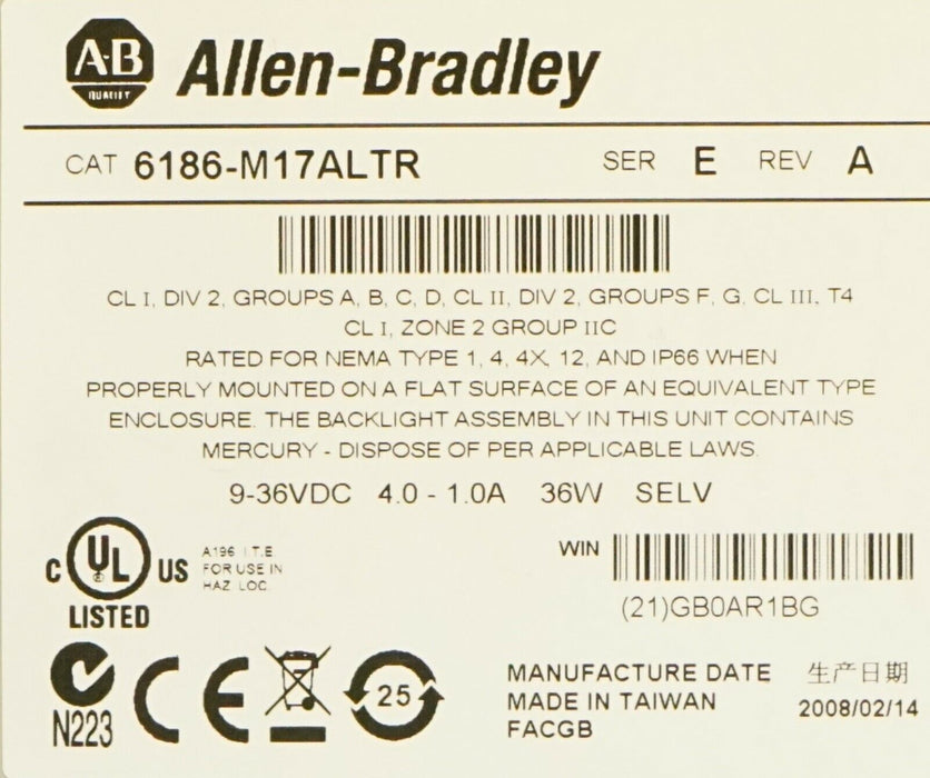 Allen-Bradley 6186-M17ALTR VersaView 1700M Touch Monitor 17" 12/24VDC    (B)