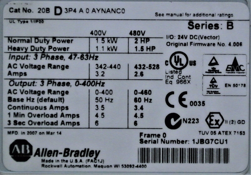 Low Hours Allen-Bradley PowerFlex 700 2 HP 20BD3P4A0AYNANC0 480 VAC Tested Good