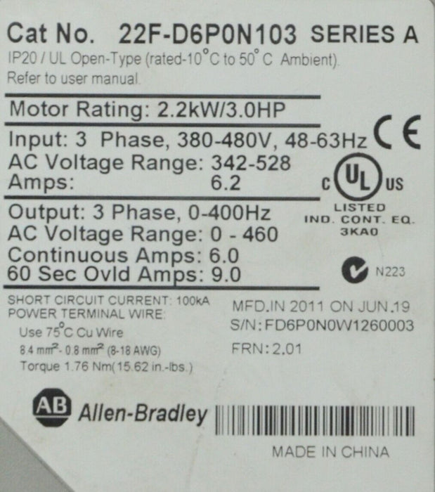 2011 Allen-Bradley 22F-D6P0N103 PowerFlex 4M 3HP FRN: 2.01 Tested Good