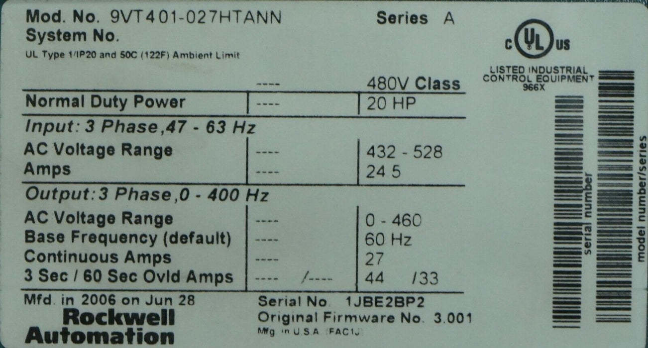 Rockwell Automation VTAC 9 AC Drive 9VT201-027HTANN FW:3.001 20HP Tested Good