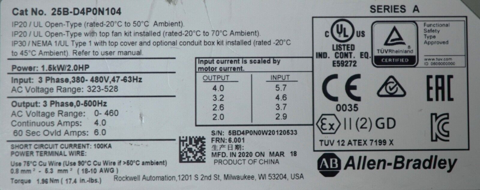 Low Hours 2020 Allen-Bradley 25B-D4P0N104 2 HP Powerflex 525 Series A FRN: 6.001