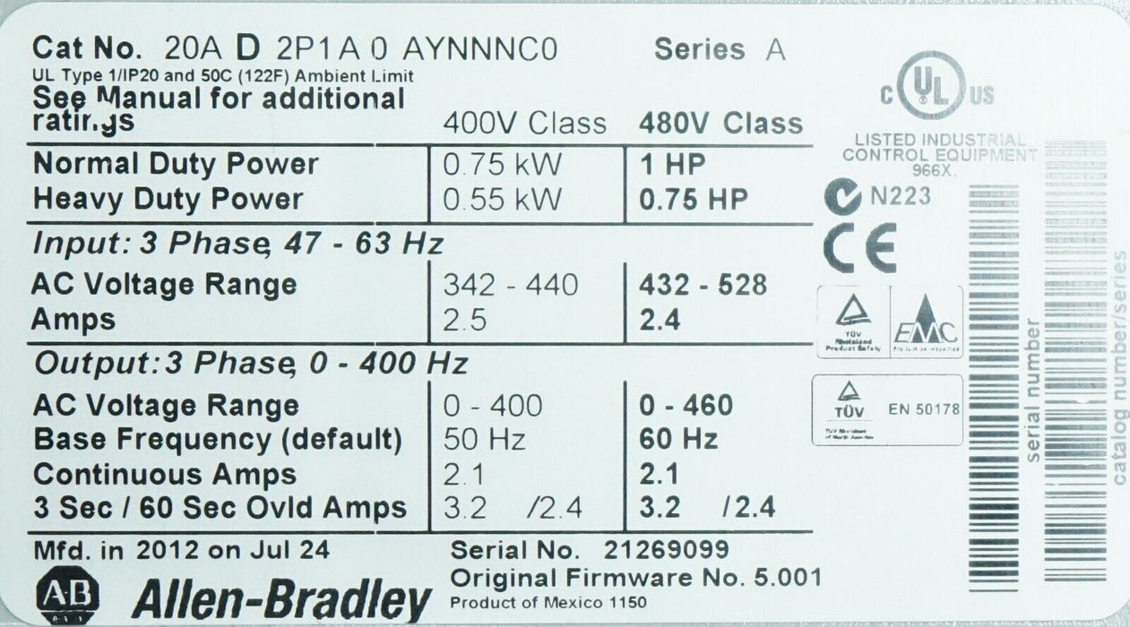 New Allen-Bradley PowerFlex 70 20AD2P1A0AYNNNC0 Ser. A 1HP FRN 5.001