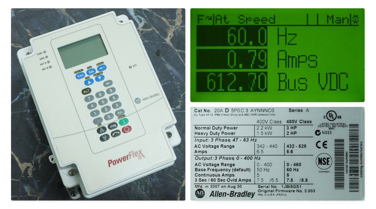 Low Hour Allen-Bradley PowerFlex 70 3 HP 20AD5P0C3AYNNNC0 Tested Good FRN:3.003