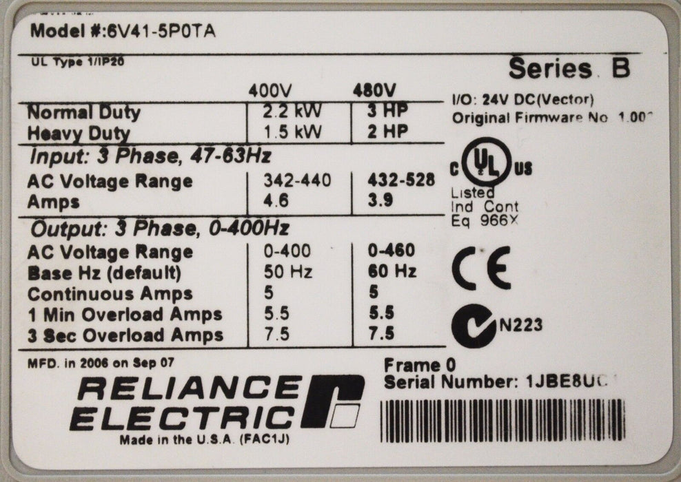 NEW IN BOX RELIANCE ELECTRIC GV6000  6V41-5P0TA 3 HP 480 VAC VERSION 1.003