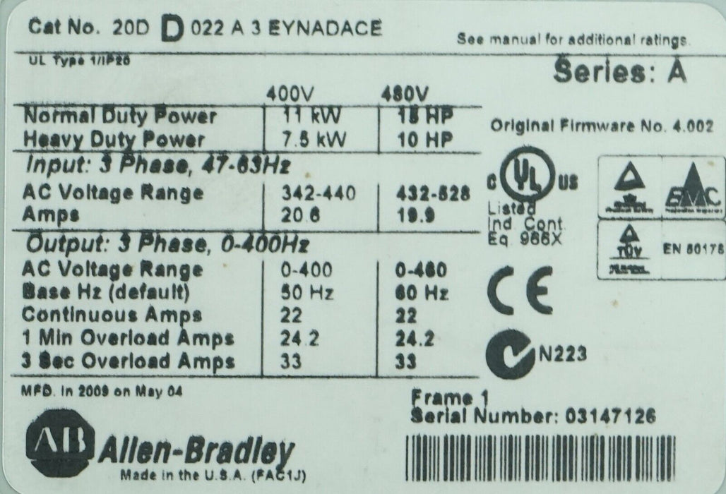 Allen-Bradley 20DD022A3EYNADACE Ser A 15 HP Powerflex 700S AC Drive 4.002