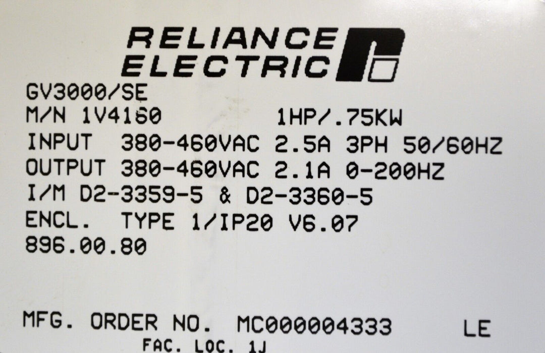 RELIANCE ELECTRIC GV3000/SE VECTOR 1 HP 1V4160 VER. 6.01 AC INVERTER TESTED GOOD