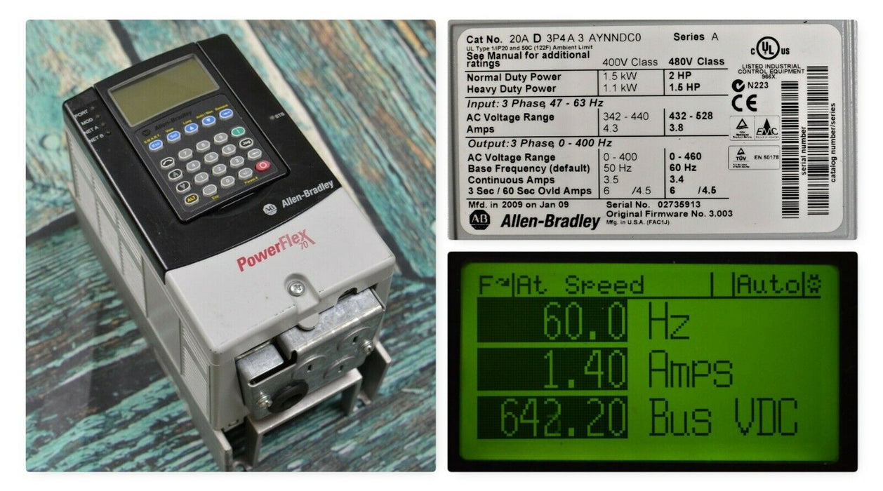 Allen-Bradley Powerflex 70 20AD3P4A3AYNNDC0 /A 2 HP, 3.4 Amps, 3.003 - Tested