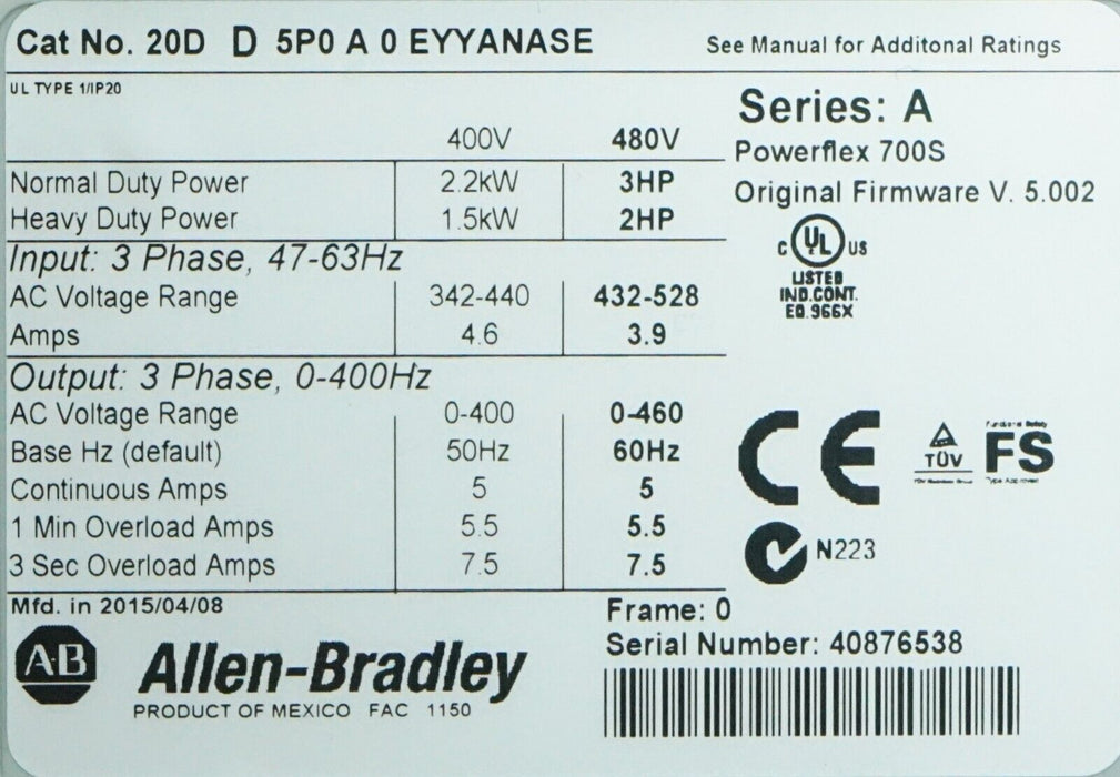 2015 Allen Bradley 20DD5P0A0EYYANASE Powerflex 700S Power Supply 3hp FRN:5.002