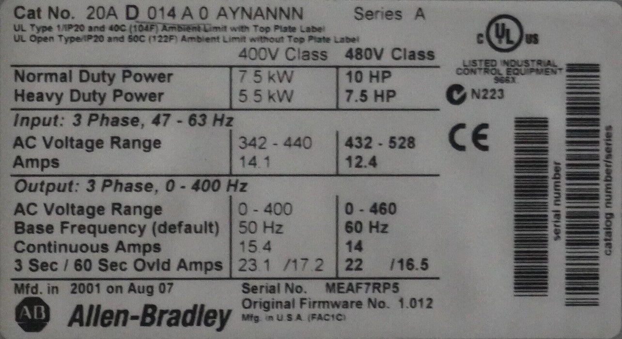 Allen-Bradley PowerFlex 70 10HP 20AD014A0AYNANNN 480VAC FRN:1.012 Tested Good