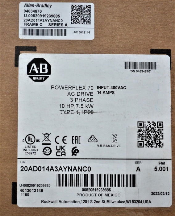 NEW 2022 Allen-Bradley 20AD014A3AYNANC0 PowerFlex 70 10 HP 480 VAC FRN: 5.001