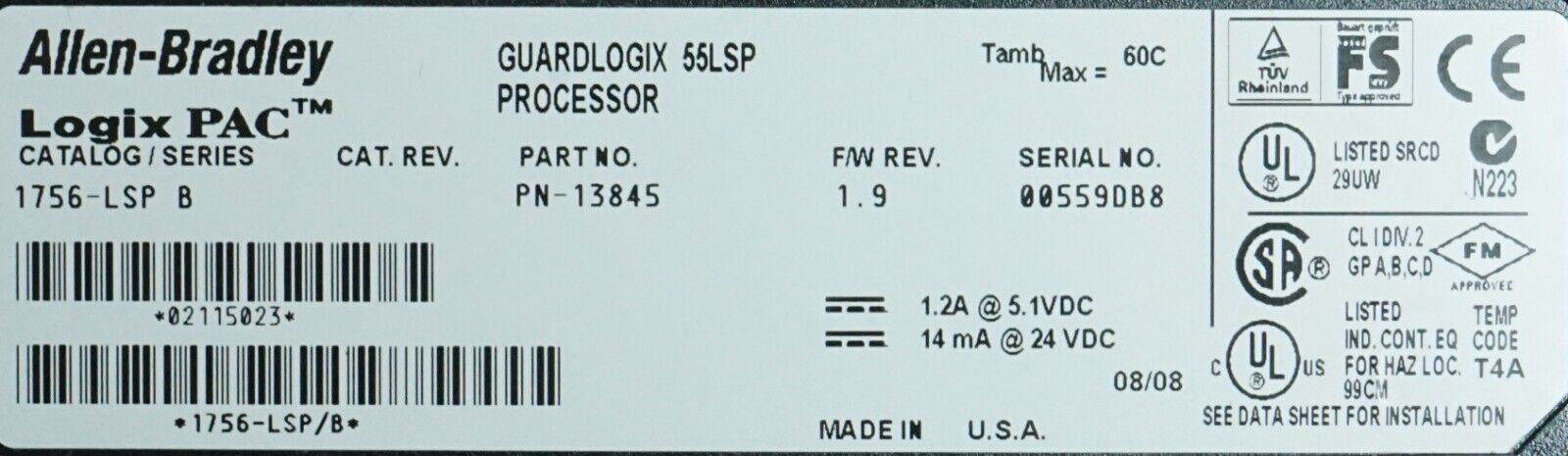 Allen Bradley 1756-L62S/B and 1756-LSP/B GuardLogix Processor FRN:1.9