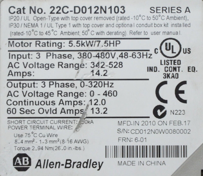 Allen-Bradley PowerFlex 400 22C-D012N103 7.5 HP Series A FRN: 6.01 Tested Good