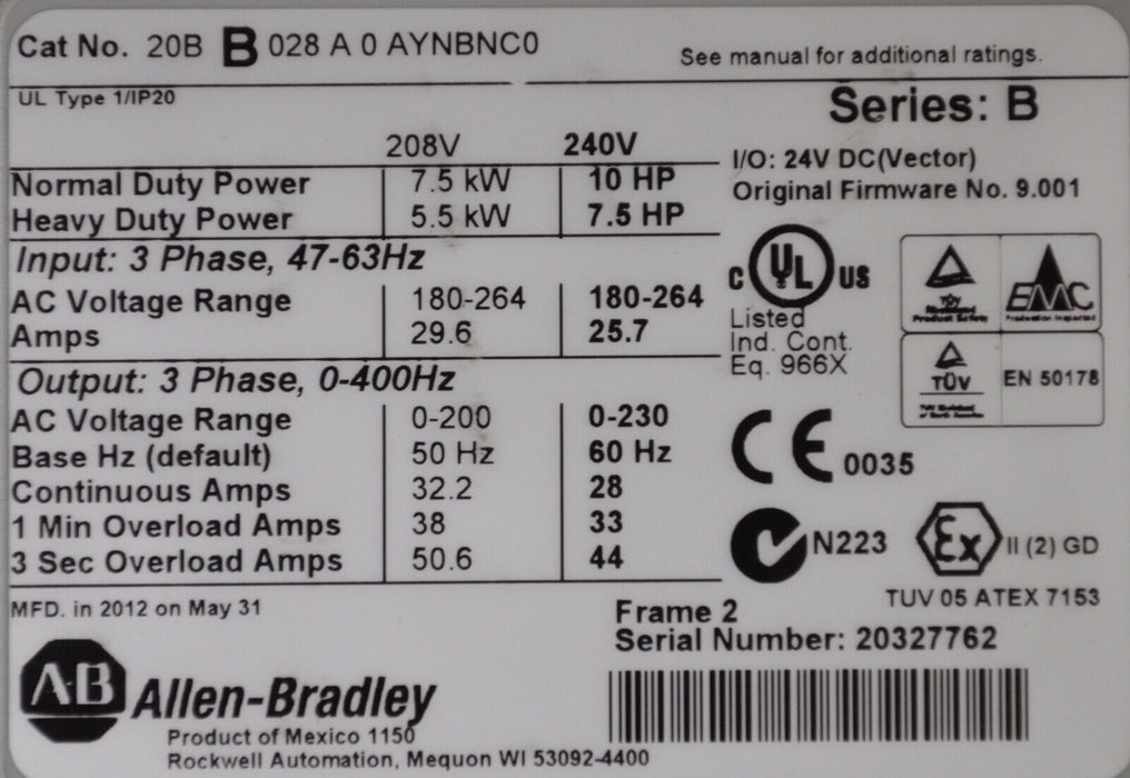 Used Allen Bradley PowerFlex 700 10HP VFD 20BB028A0AYNBNC0 240V FRN 10.001