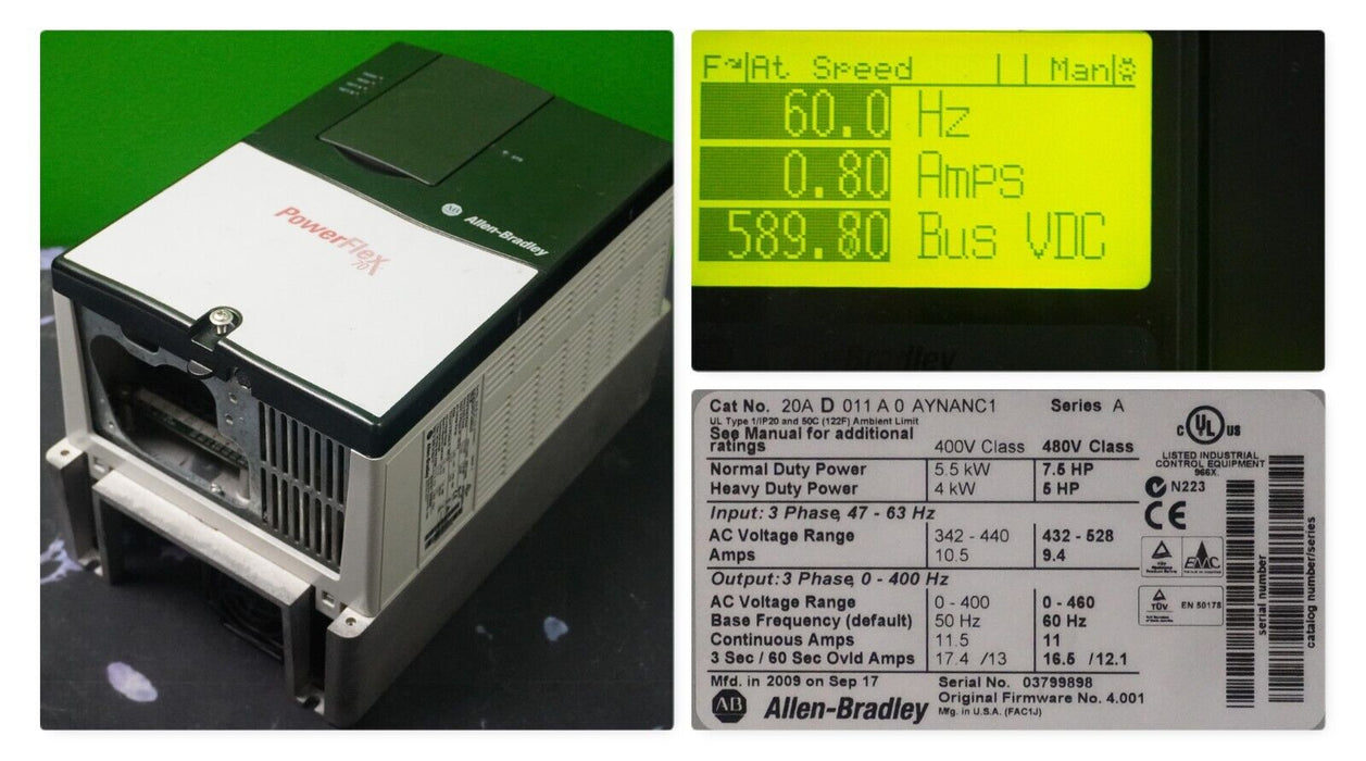 Allen-Bradley PowerFlex 70 7.5 HP 20AD011A0AYNANC1 480 VAC Tested Good FRN:4.001