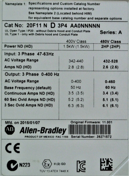 2015 Allen-Bradley PowerFlex 753 20F11ND3P4AA0NNNNN 2 HP 480 VAC FRN 11.001