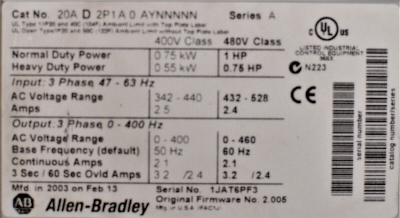 Allen-Bradley PowerFlex 70 20AD2P1A0AYNNNNN Ser.A 1 HP 2.005 2.1 Amps AC Drive