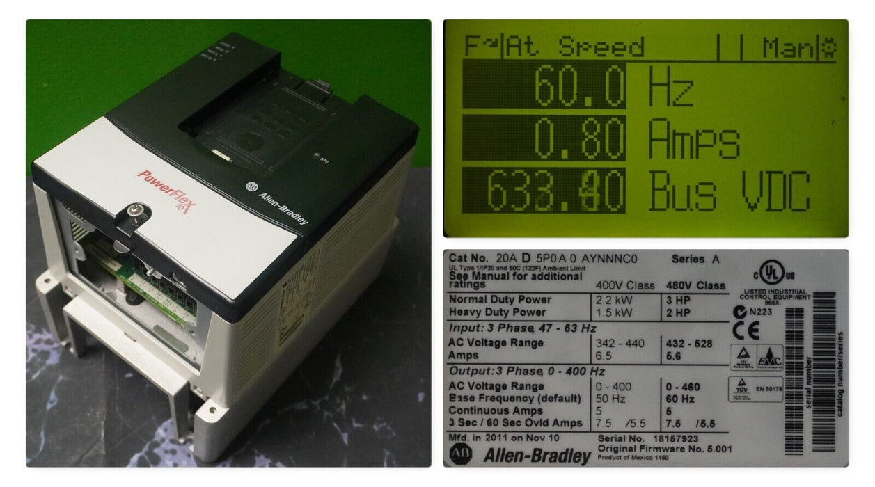 Allen-Bradley PowerFlex 70 3 HP 20AD5P0A0AYNNNC0 480 VAC Clean Tested FRN:5.001