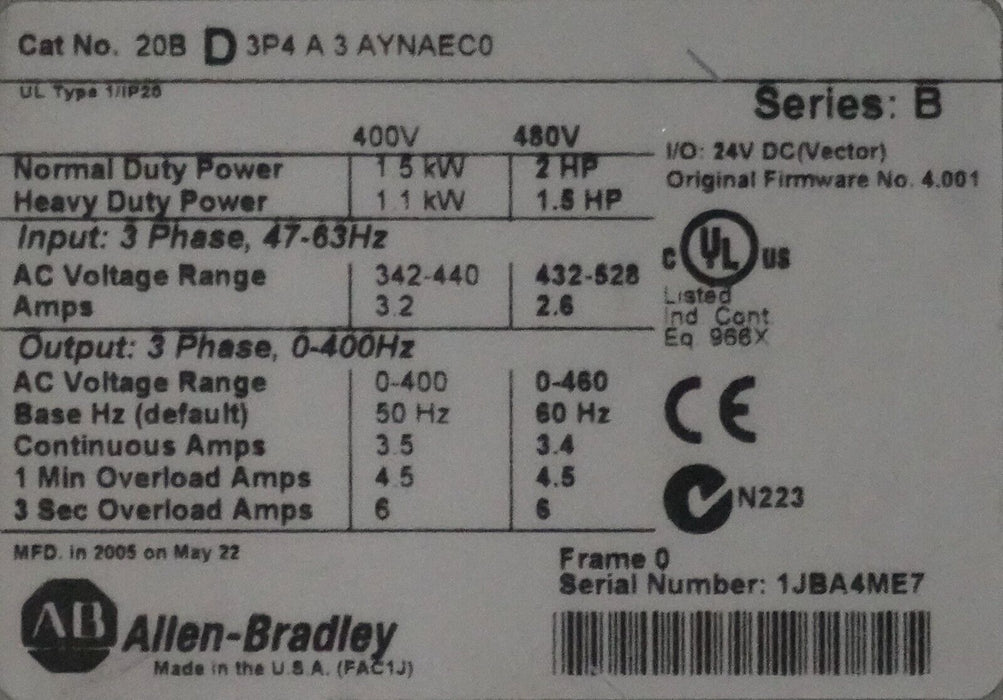 Allen-Bradley PowerFlex 700 2 HP 20BD3P4A3AYNAEC0 480 VAC Series B FRN:4.001