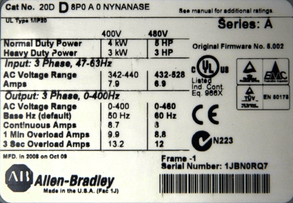 Allen-Bradley 20DD8P0A0NYNANASE PowerFlex 700S Power Supply 480VAC 5HP FRN:5.002