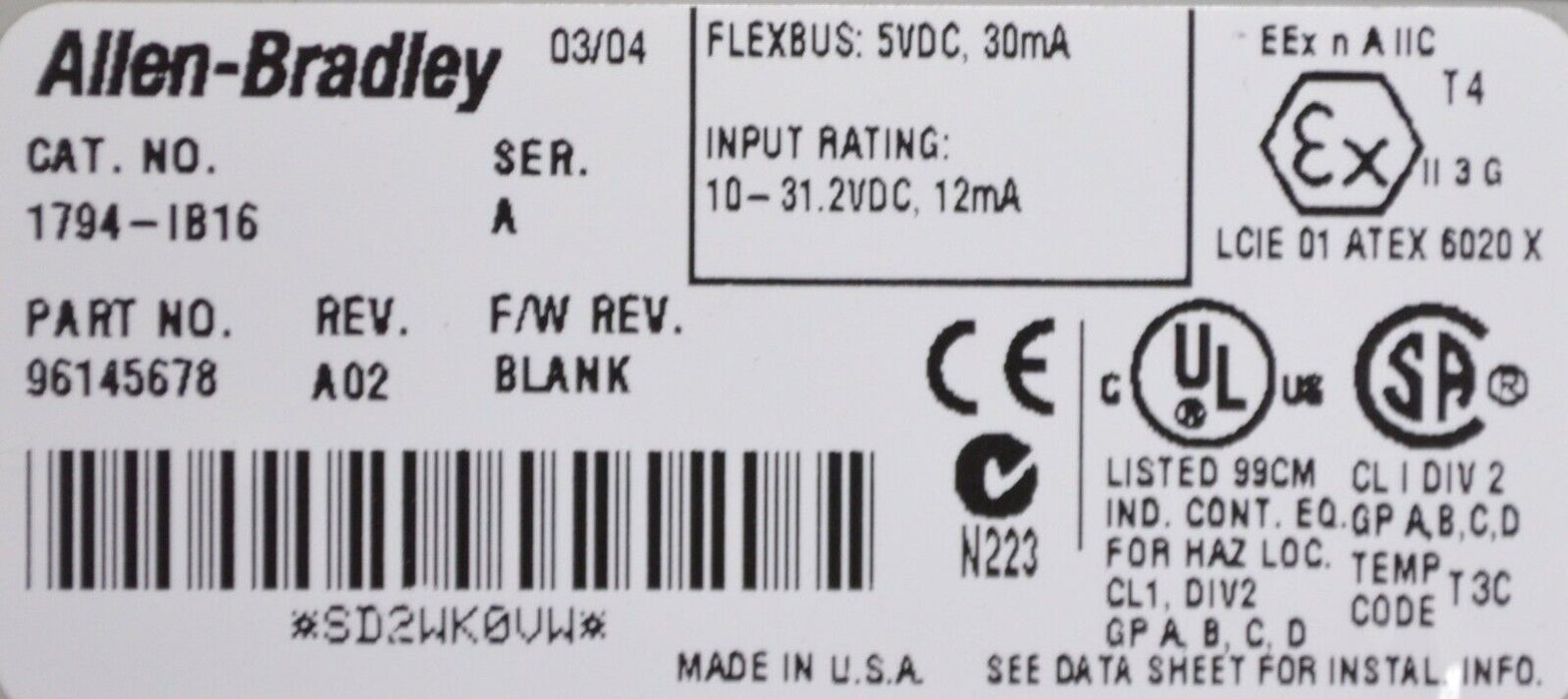 Allen-Bradley 1794-IB16 Series A 24 VDC Source Input Tested Good Clean A02