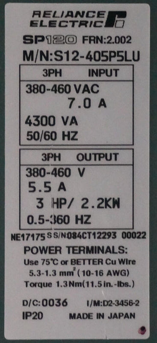 Parts Reliance Electric S12-405P5LU SP120 AC Drive , 3HP