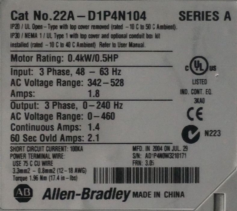 Low HRS Allen Bradley PowerFlex4 1/2HP 22A-D1P4N104 Tested Good FRN:3.05