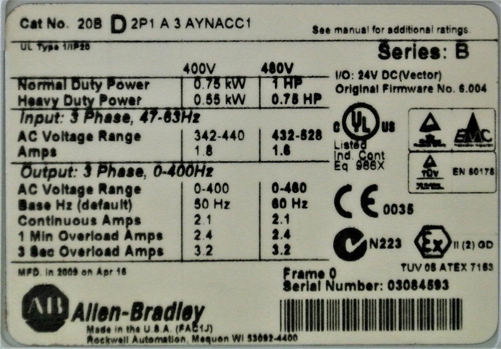 Allen-Bradley PowerFlex 700  2 HP 20BD3P4A3AYNACD1 CORE ONLY Clean Tested Good