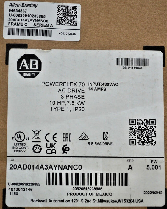 NEW 2022 Allen-Bradley 20AD014A3AYNANC0 PowerFlex 70 10 HP 480 VAC FRN: 5.001