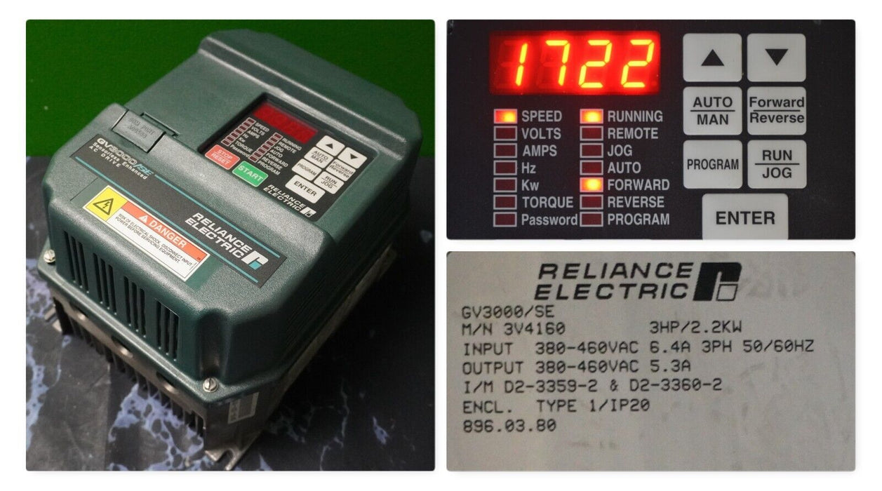 Reliance Electric GV3000 3V4160 3 HP VER.6.01 AC Inverter 460VAC Tested Good