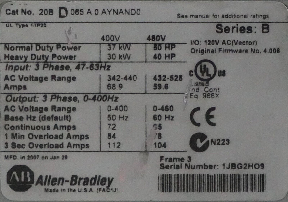 Allen-Bradley PowerFlex 700 50HP 20BD065A0AYNAND0 Series B FRN:4.006 Tested Good